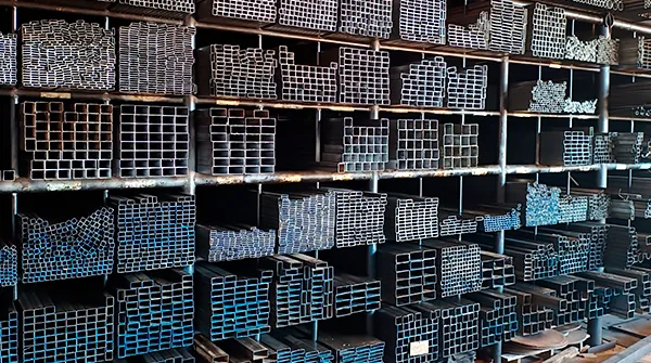 Caños y perfiles de acero cortados, en el depósito de Hierros Beto